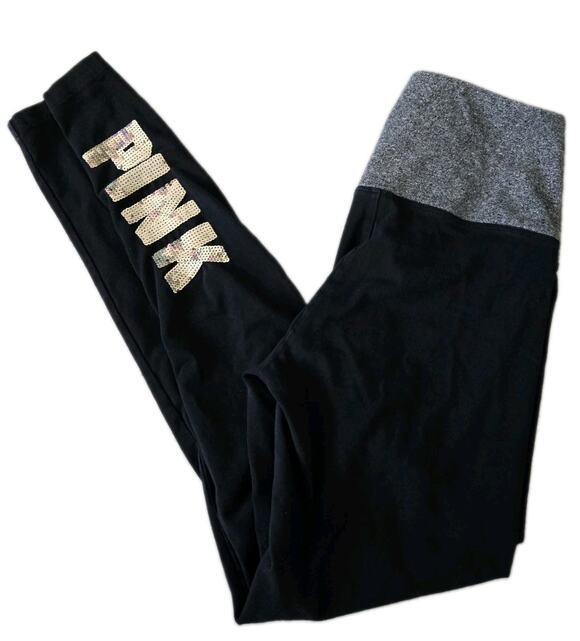 Victoria's Secret Pants - Victoria Secret PINK Leggings Gray Black Gold Sequin Bling Logo Pants Size S